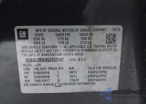 2016 Chevrolet Equinox Ltz из США, поврежденный, VIN 2GNALDEK8G6333147